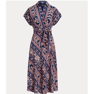 Ralph Lauren Dress Geo Stripe Ikat Crepe Midi Side Zip Belted Black Label Sz 8